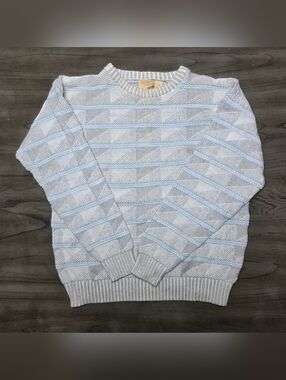 Fox Collection Men's Crewneck Knit Sweater in Light Gray with Pale Blue Stripes
